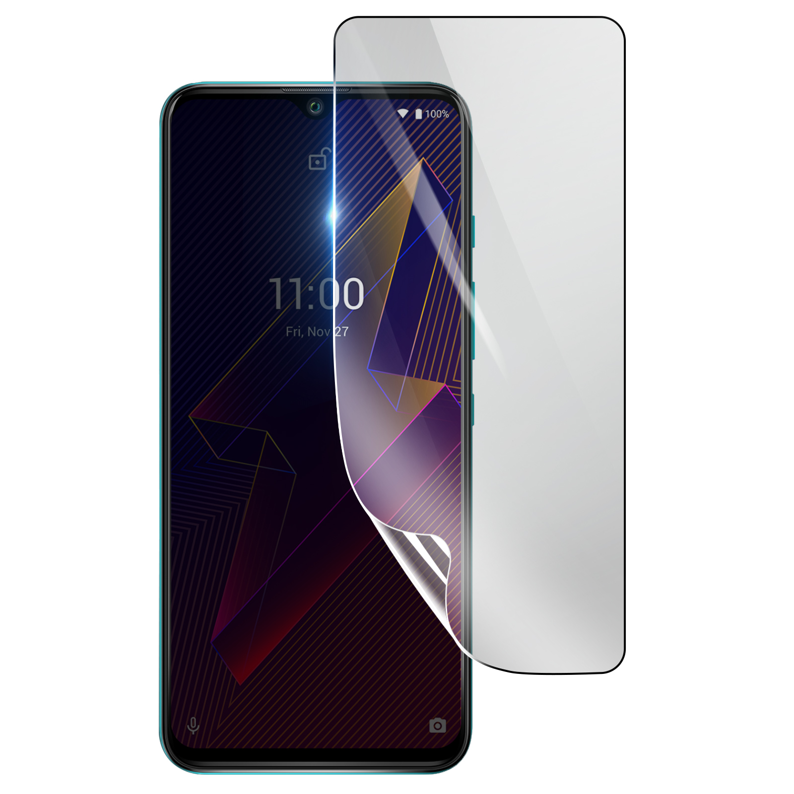 Uno smartphone con una protezione per lo schermo in applicazione. Lo schermo mostra l'ora e la data. La protezione è parzialmente staccata.