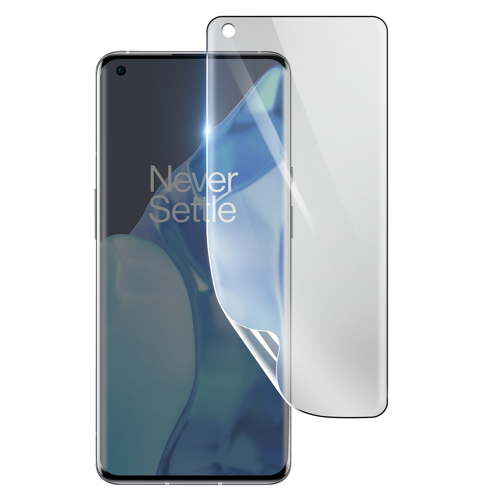 Uno smartphone con una protezione per lo schermo applicata. La protezione è parzialmente staccata, mostrando lo schermo del telefono.