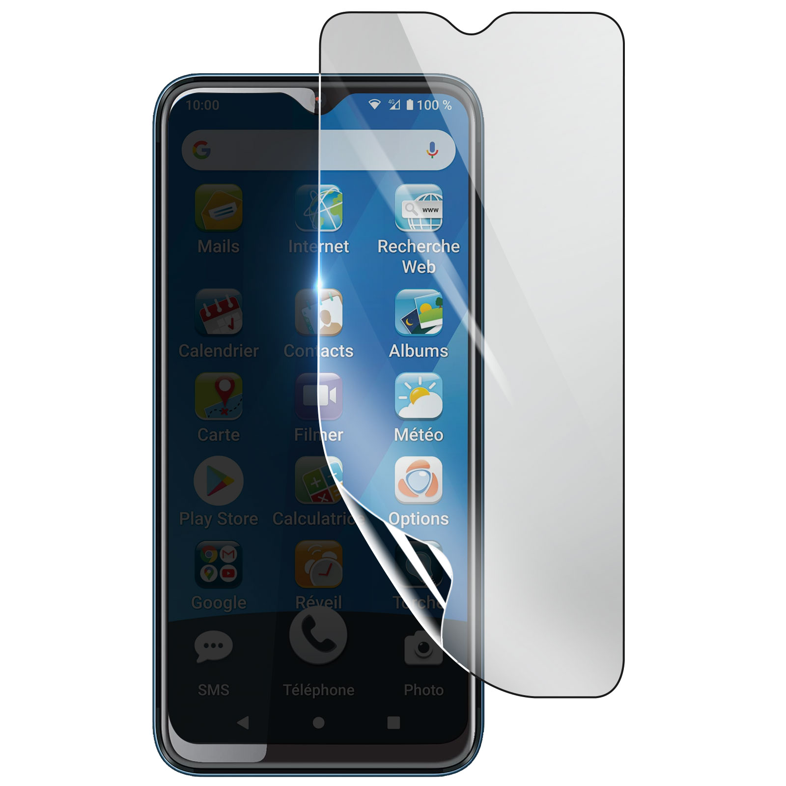 Uno smartphone con una protezione per lo schermo applicata. Sono visibili icone di app come email, internet e calendario.