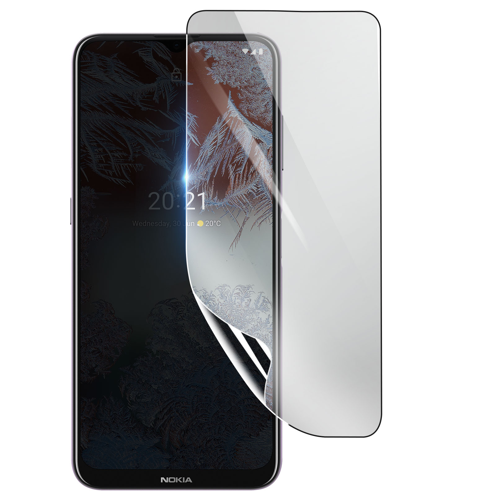 Un telefono con una protezione per lo schermo applicata. Lo schermo mostra l'ora e il meteo. La protezione è parzialmente staccata.