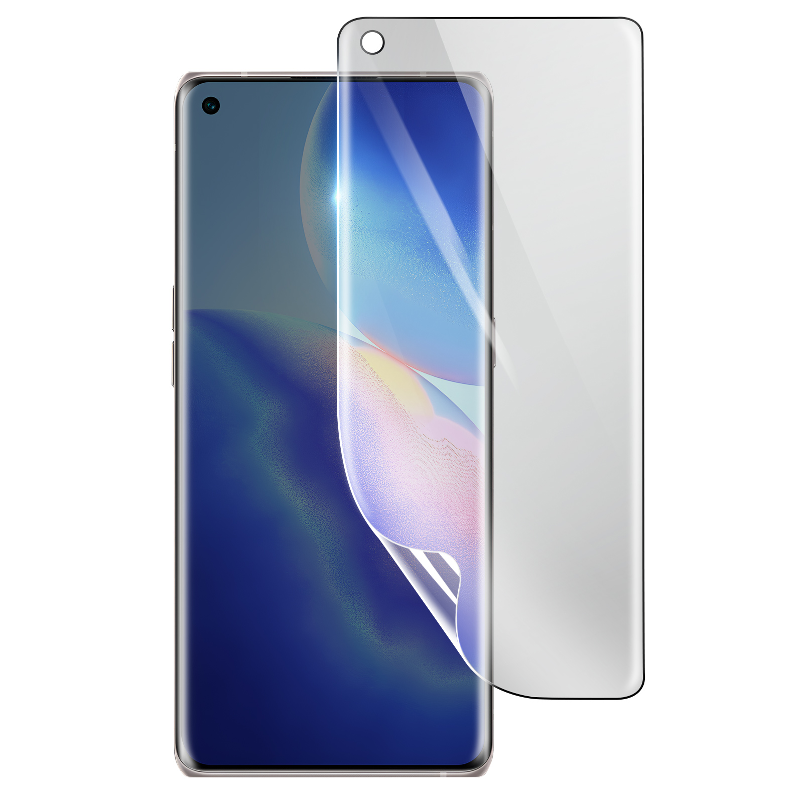 Uno smartphone con una protezione per lo schermo applicata. Il telefono ha uno schermo curvo con una sfumatura blu e bianca. La protezione è trasparente.