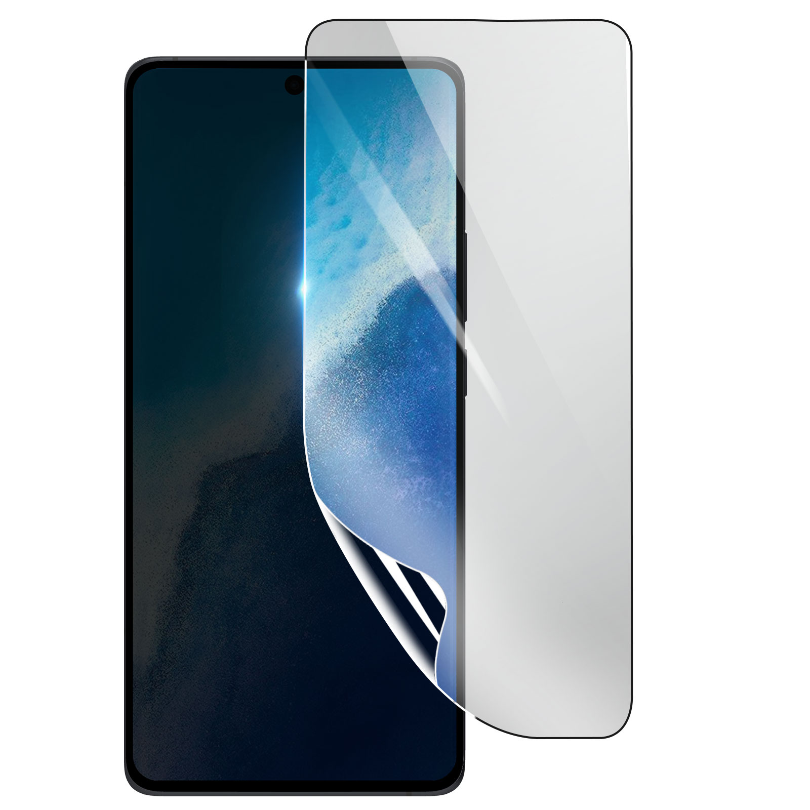 Uno smartphone con una protezione per lo schermo in applicazione. Lo schermo mostra un'immagine blu e bianca, con la protezione parzialmente staccata.