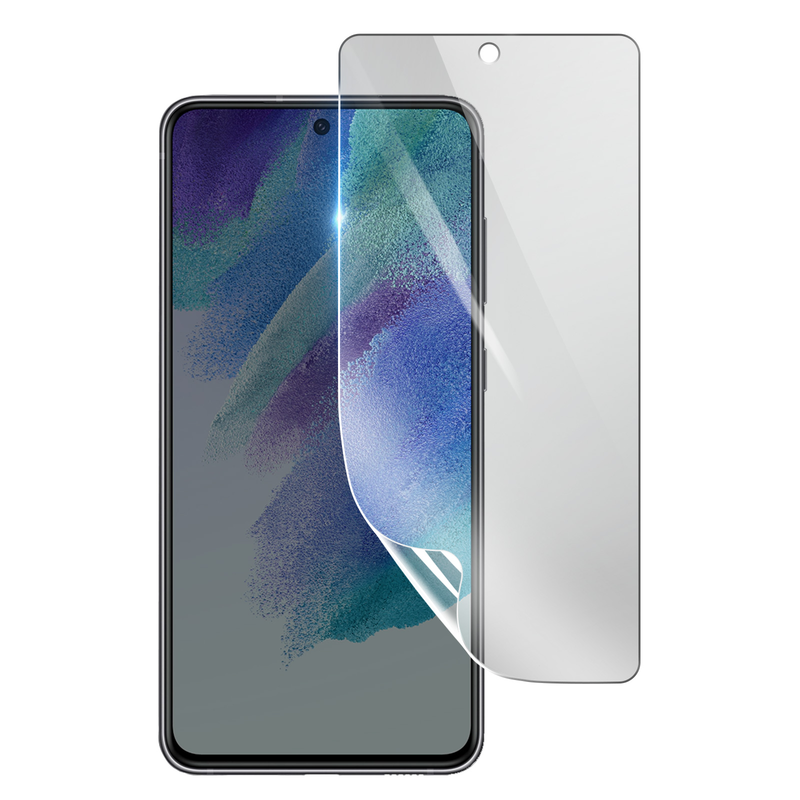 Uno smartphone con una protezione per lo schermo in fase di applicazione. Il telefono è nero con uno schermo colorato. La protezione è trasparente.