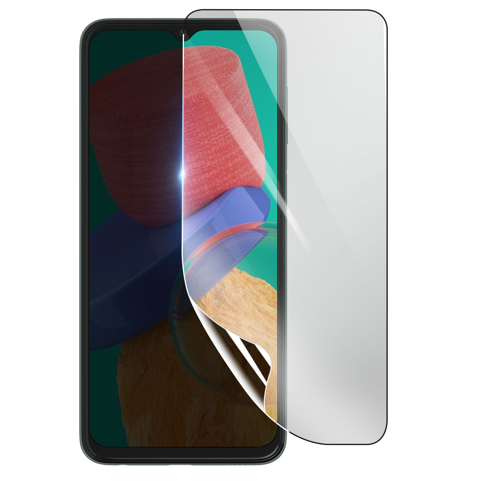 Uno smartphone con una protezione per lo schermo in applicazione. Lo schermo mostra motivi astratti colorati.