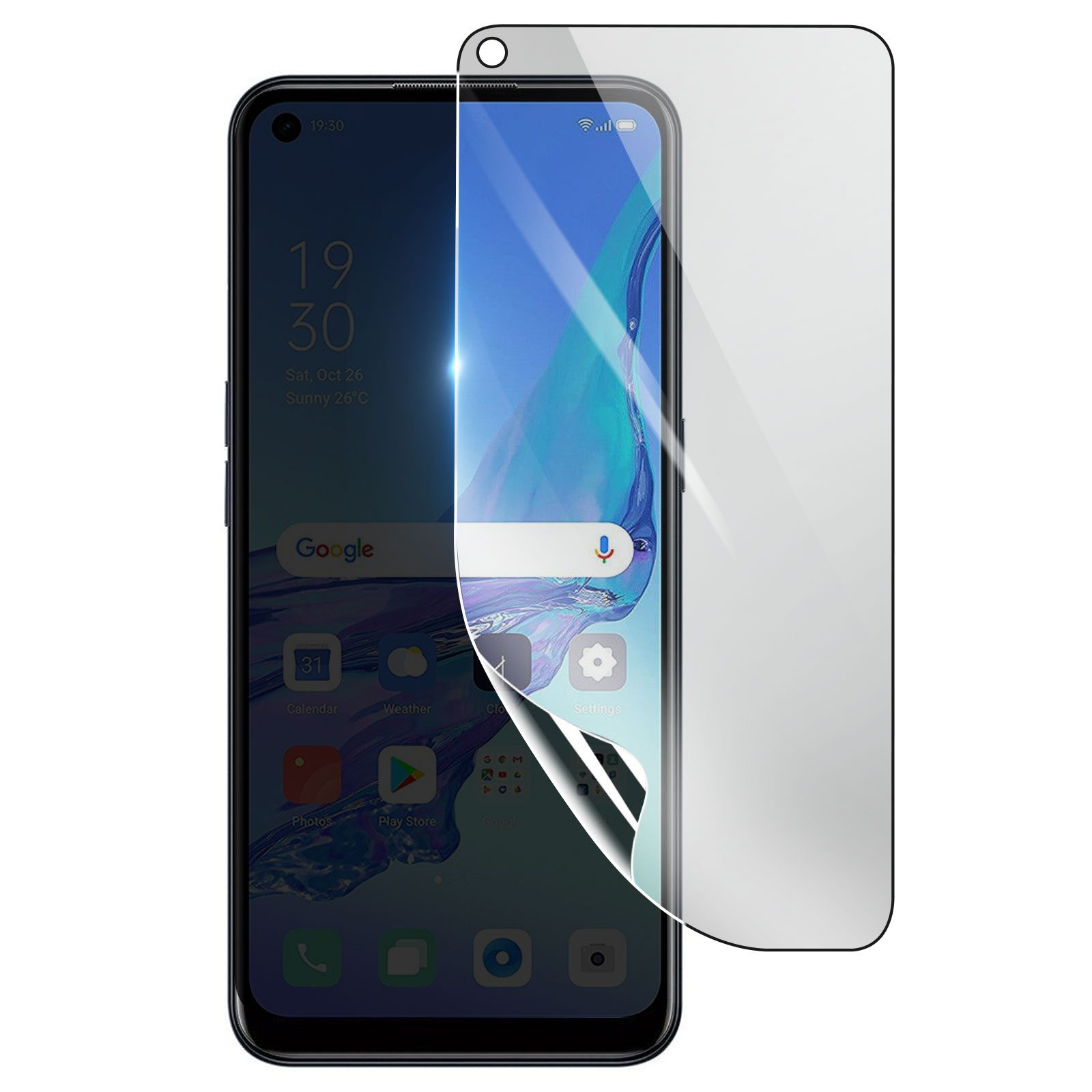 Uno smartphone con una protezione per lo schermo applicata. Lo schermo mostra l'ora, la data, il meteo e le icone delle app. Una protezione trasparente viene staccata.