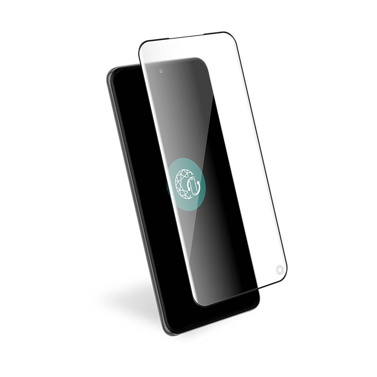 Uno smartphone nero con protezione schermo. La protezione è trasparente e copre parzialmente il telefono. Un logo è sullo schermo.