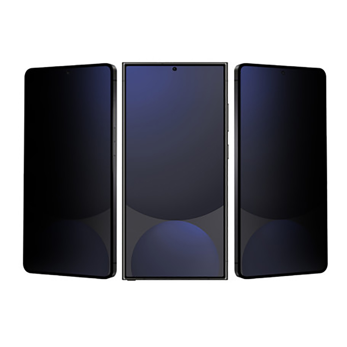 Sono visualizzati tre smartphone con schermi scuri. Il telefono centrale è in posizione verticale, affiancato da due telefoni inclinati, il tutto su sfondo bianco.