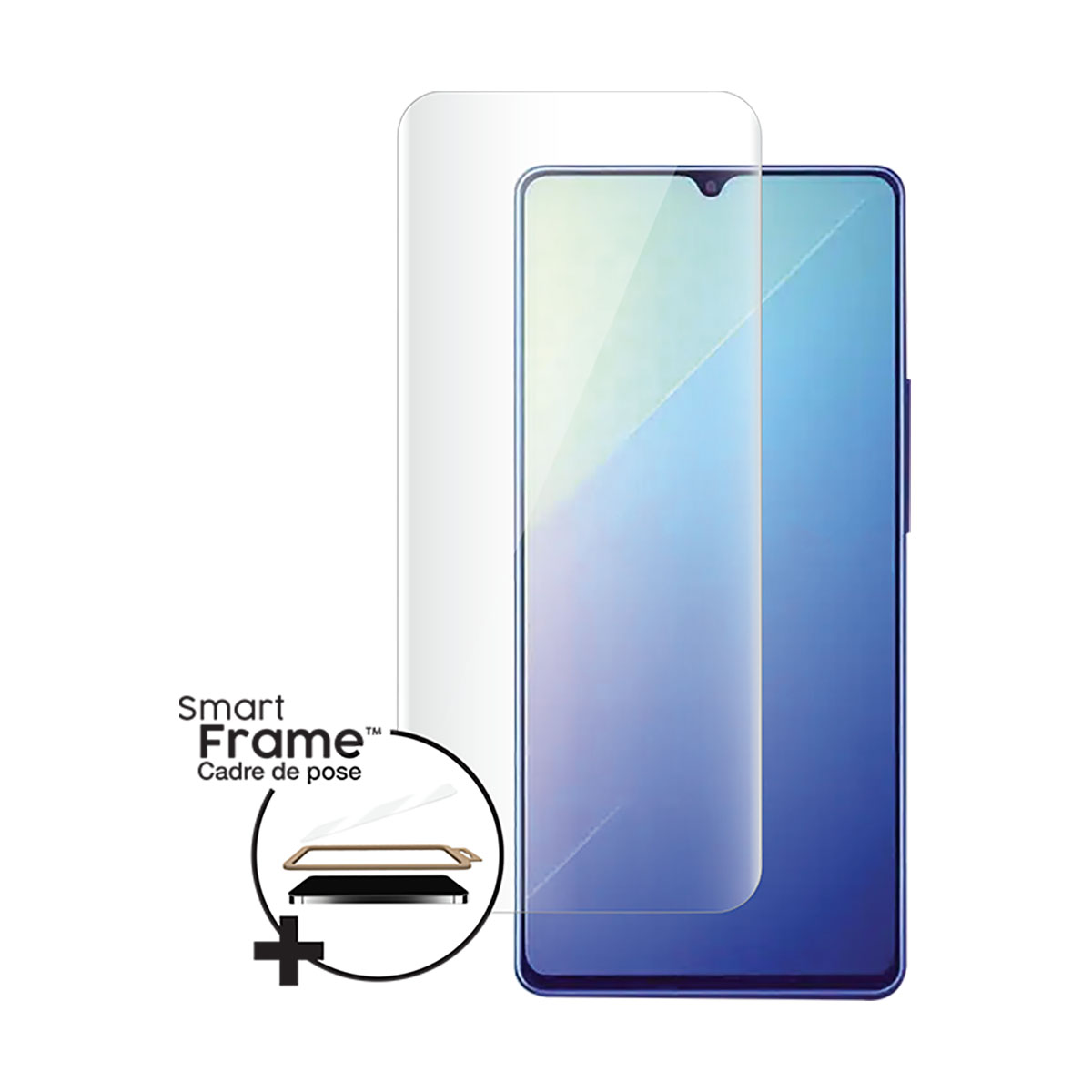 Un telefono con protezione schermo, più una protezione di ricambio. Include un grafico di installazione.