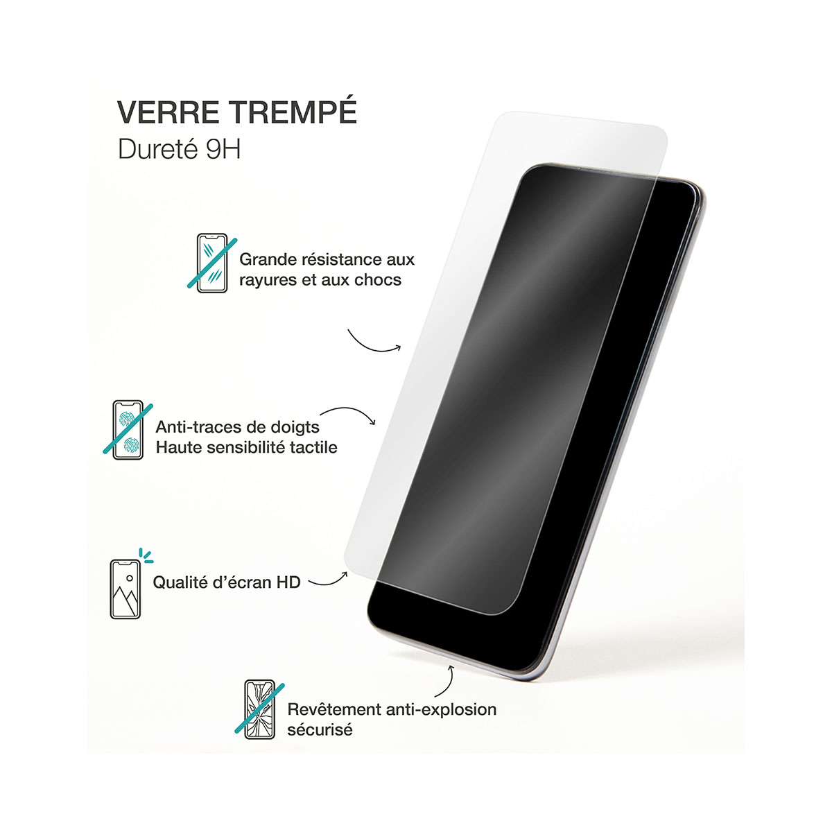 Un proteggi schermo in vetro temperato e un telefono sono mostrati, con icone che indicano caratteristiche come la resistenza ai graffi e la qualità HD.