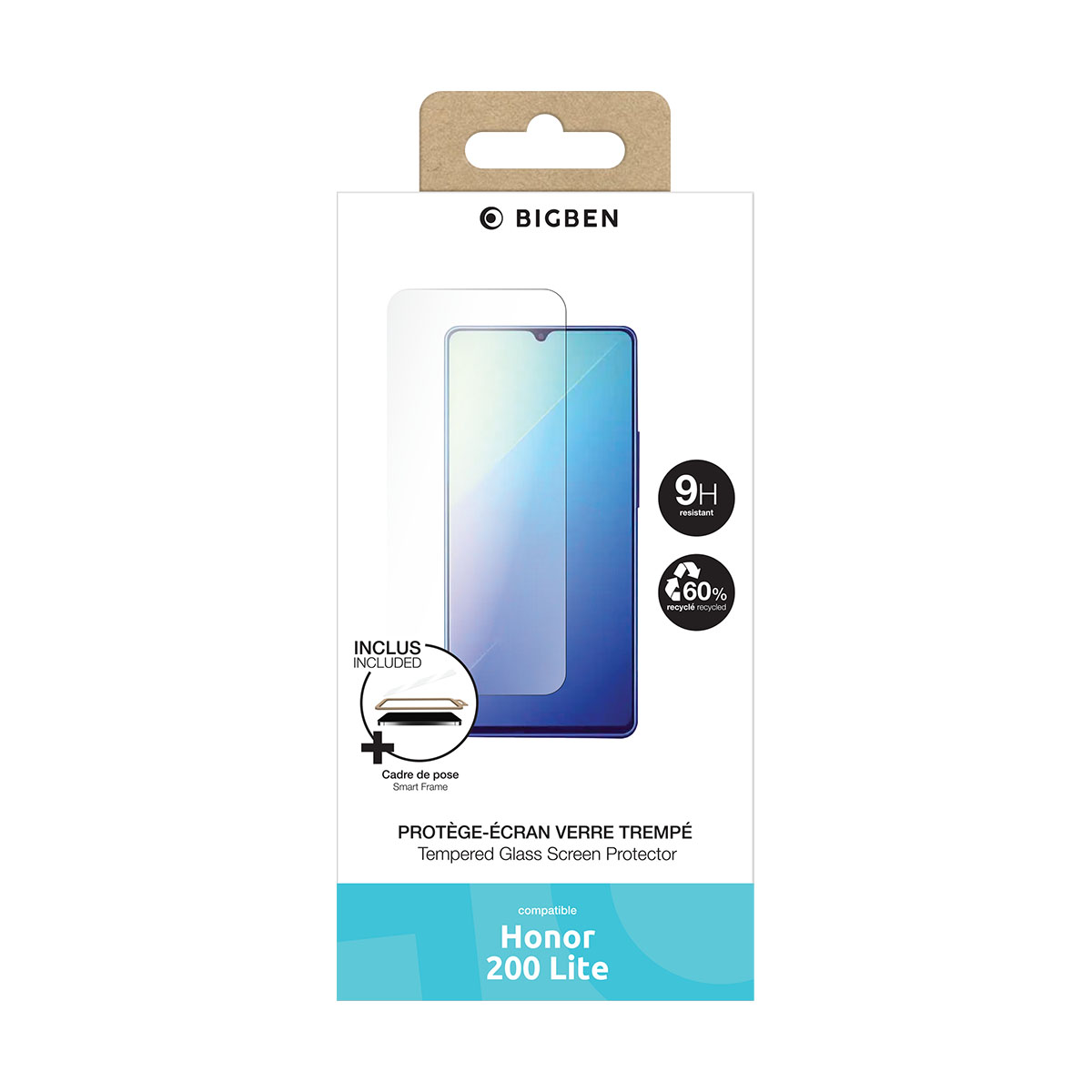 Una scatola di protezione schermo Bigben per Honor 200 Lite. La scatola presenta un'immagine del telefono, simboli 9H resistenti e 60% riciclato.