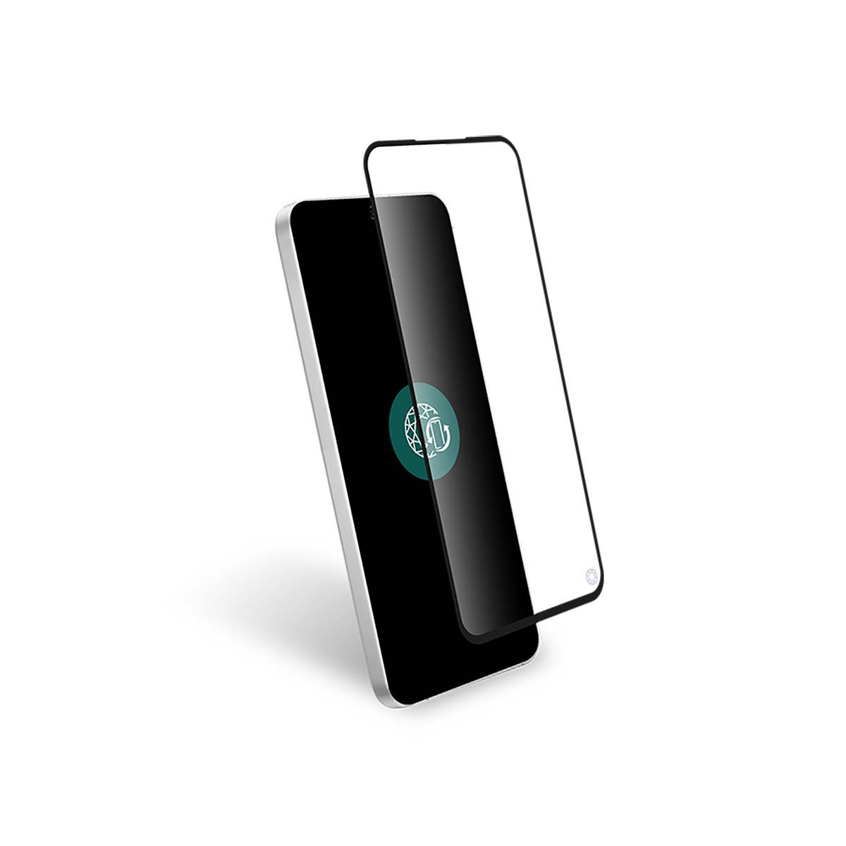 Un smartphone avec un protecteur d'écran. Le téléphone est noir avec un cadre argenté. Le protecteur est clair et légèrement incliné.