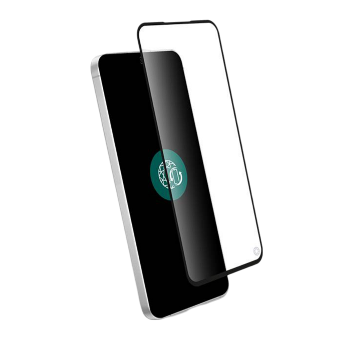 Een smartphone met een schermbeschermer. De telefoon is zilver en zwart. De beschermer is helder. De achtergrond is wit.