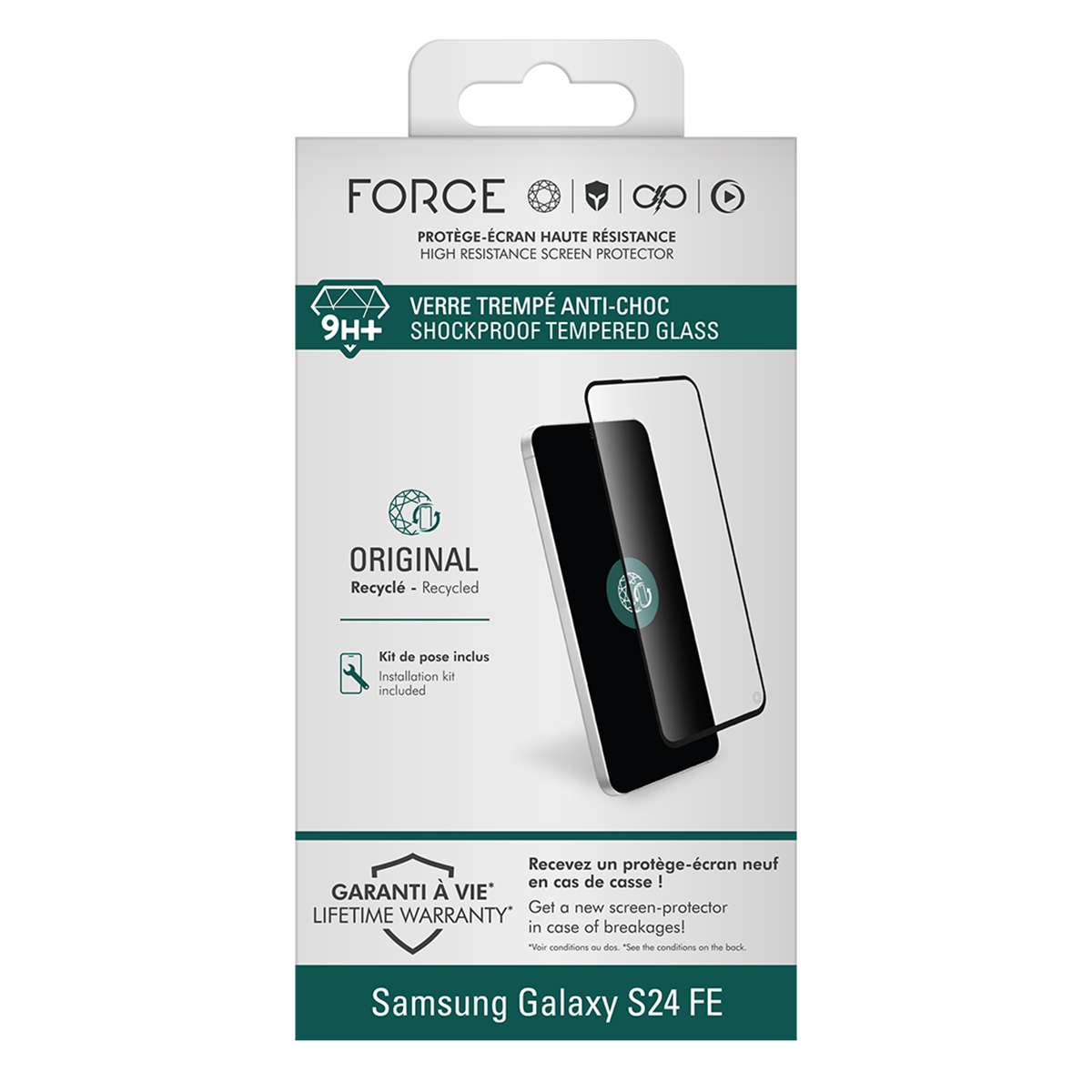 Doosje met schermbeschermer. Met merknaam 'FORCE', productdetails en een smartphone schermbeschermer. Inclusief 'Levenslange garantie' en 'Samsung Galaxy S24 FE'.