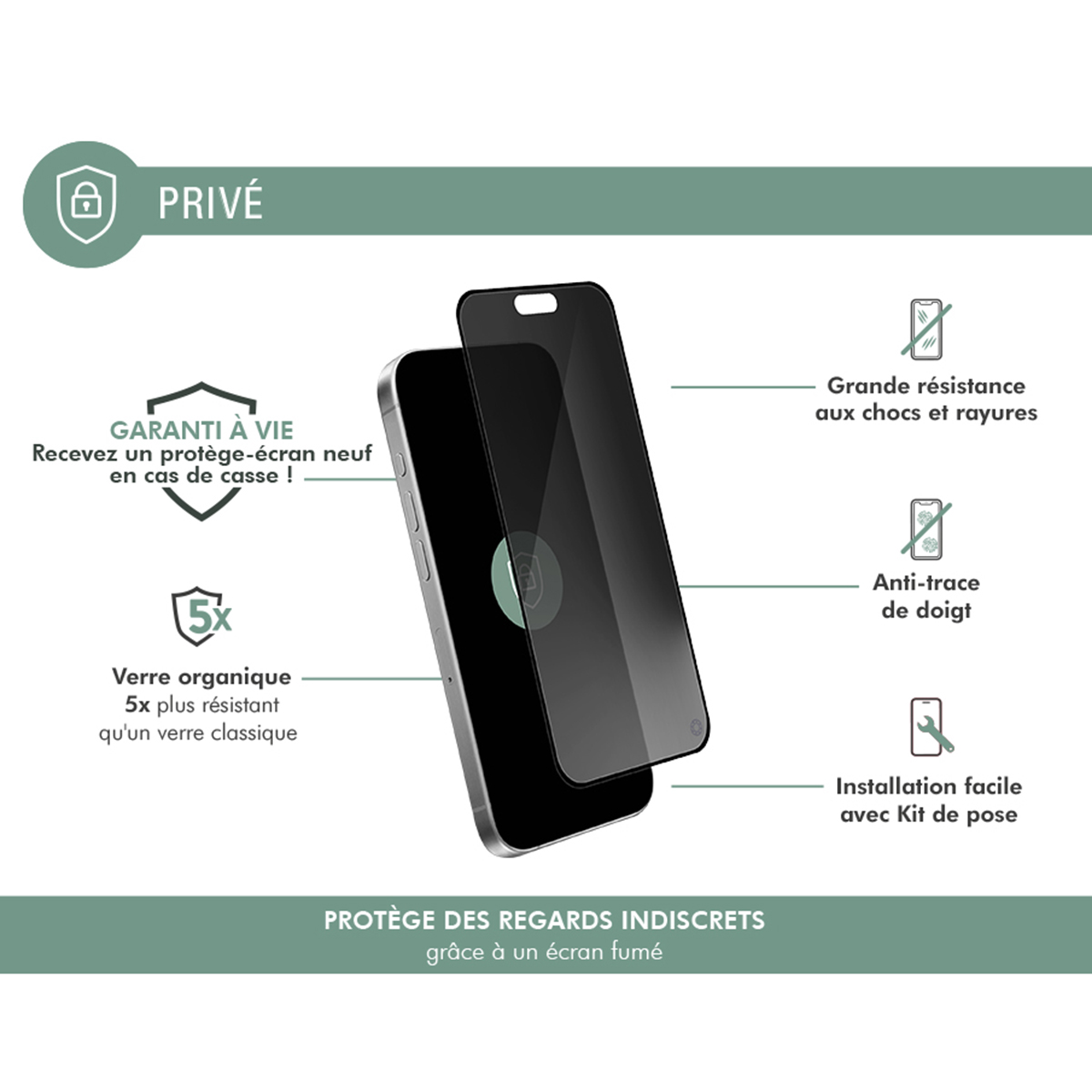 Afbeelding toont een telefoon met een schermbeschermer. Tekst beschrijft functies: privacy, levenslange garantie, organisch glas, krasbestendigheid, anti-vingerafdruk, eenvoudige installatie.