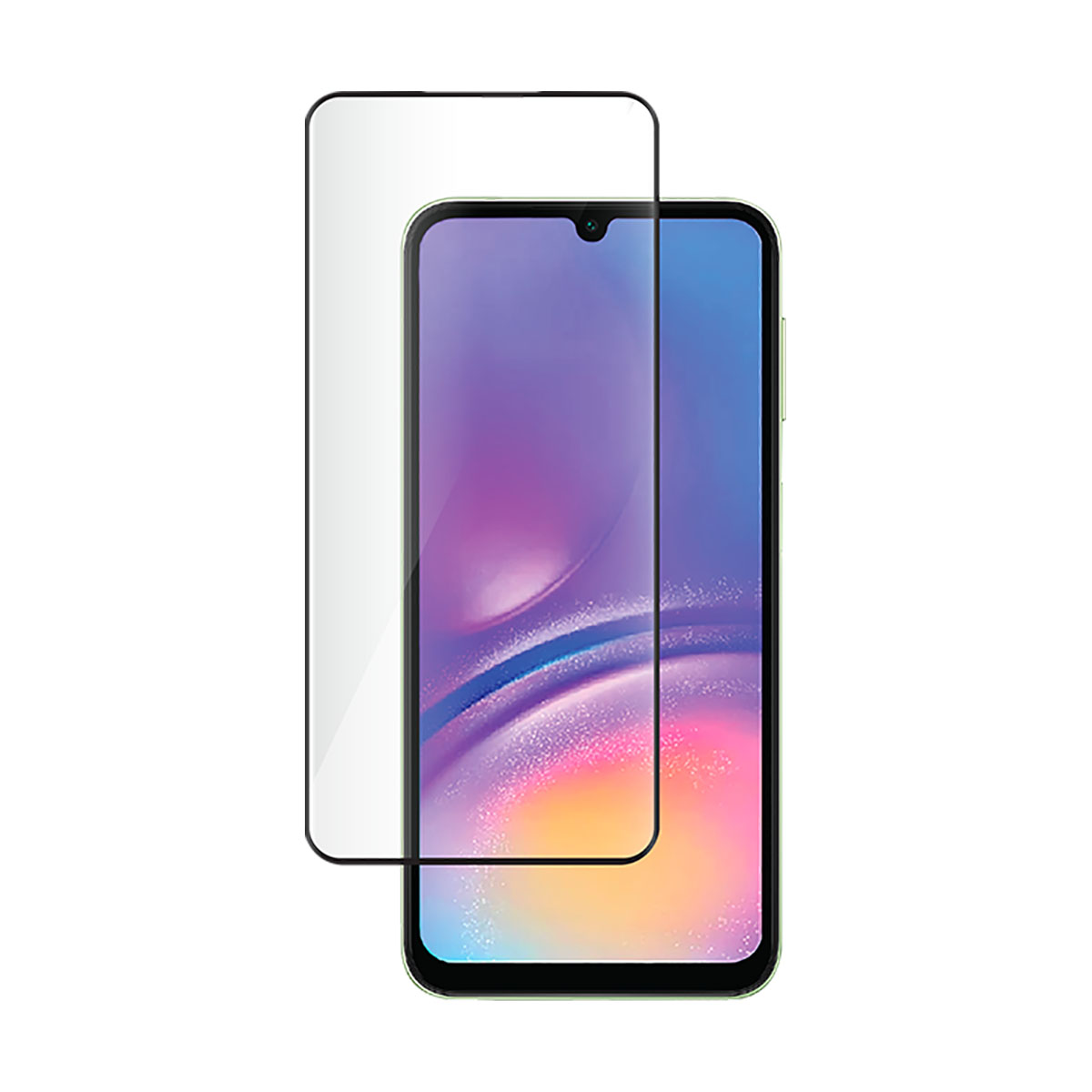 Smartphone met een schermbeschermer. De telefoon heeft een paars en blauw scherm en een zwarte rand. De beschermer is helder.
