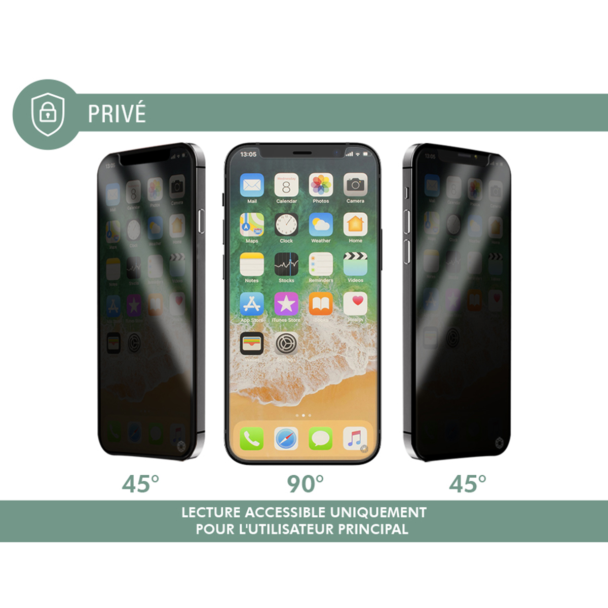 Drie iPhones, 90° in het midden, 45° aan de zijkanten. Telefoon toont apps. Tekst: PRIVÉ, alleen toegankelijk voor de hoofgebruiker.