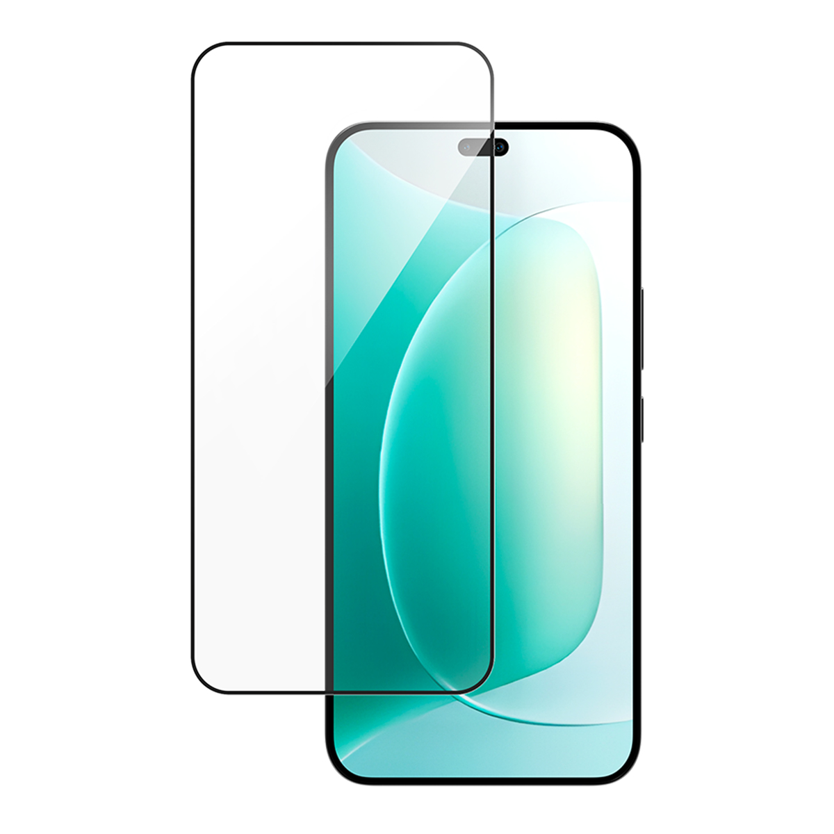 Een smartphone met een schermbeschermer. De telefoon heeft een gebogen scherm met een turquoise kleurovergang. De beschermer is een doorzichtige, rechthoekige folie.