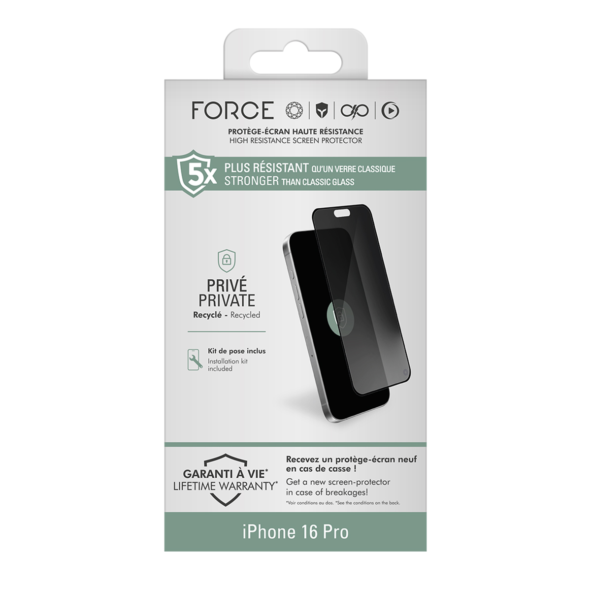 Una scatola di protezione dello schermo con un mockup di iPhone. Il testo include 'FORCE', 'PRIVÉ' e 'iPhone 16 Pro'. La scatola è bianca e verde.