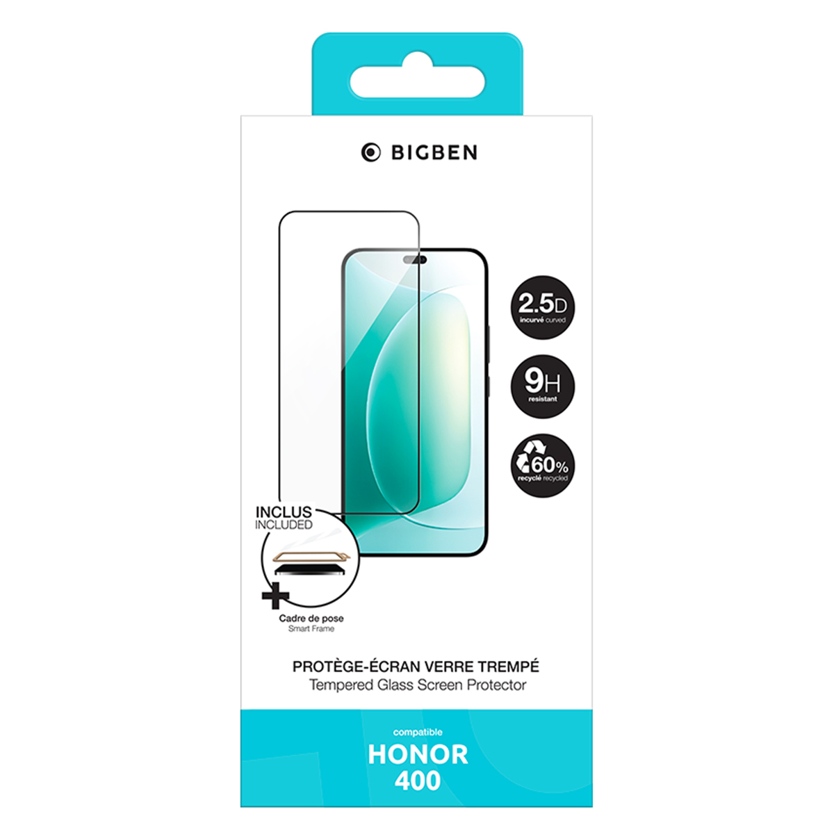 Een doosje voor een schermbeschermer. Het toont een telefoon met een gebogen scherm, de merknaam en functies zoals 2.5D en 9H.