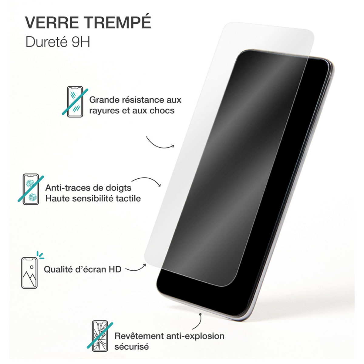 Een telefoon met een schermbeschermer. Tekst geeft gehard glas, krasbestendigheid en anti-vingerafdruk functies aan. Witte achtergrond.