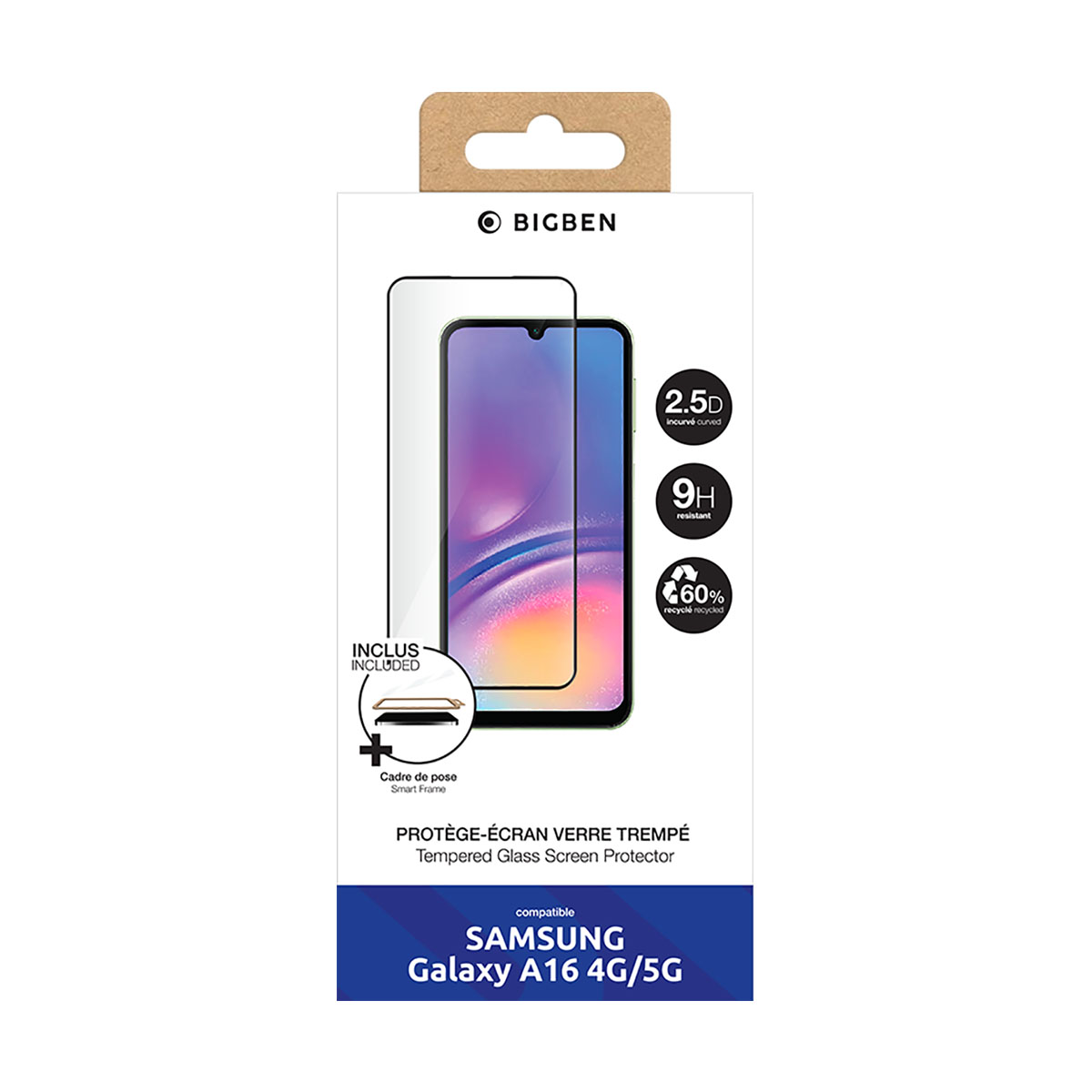 Een Bigben schermbeschermer doos voor Samsung Galaxy A16 4G/5G. Toont een telefoon met schermbeschermer en details zoals 2.5D, 9H en 60% gerecycled.