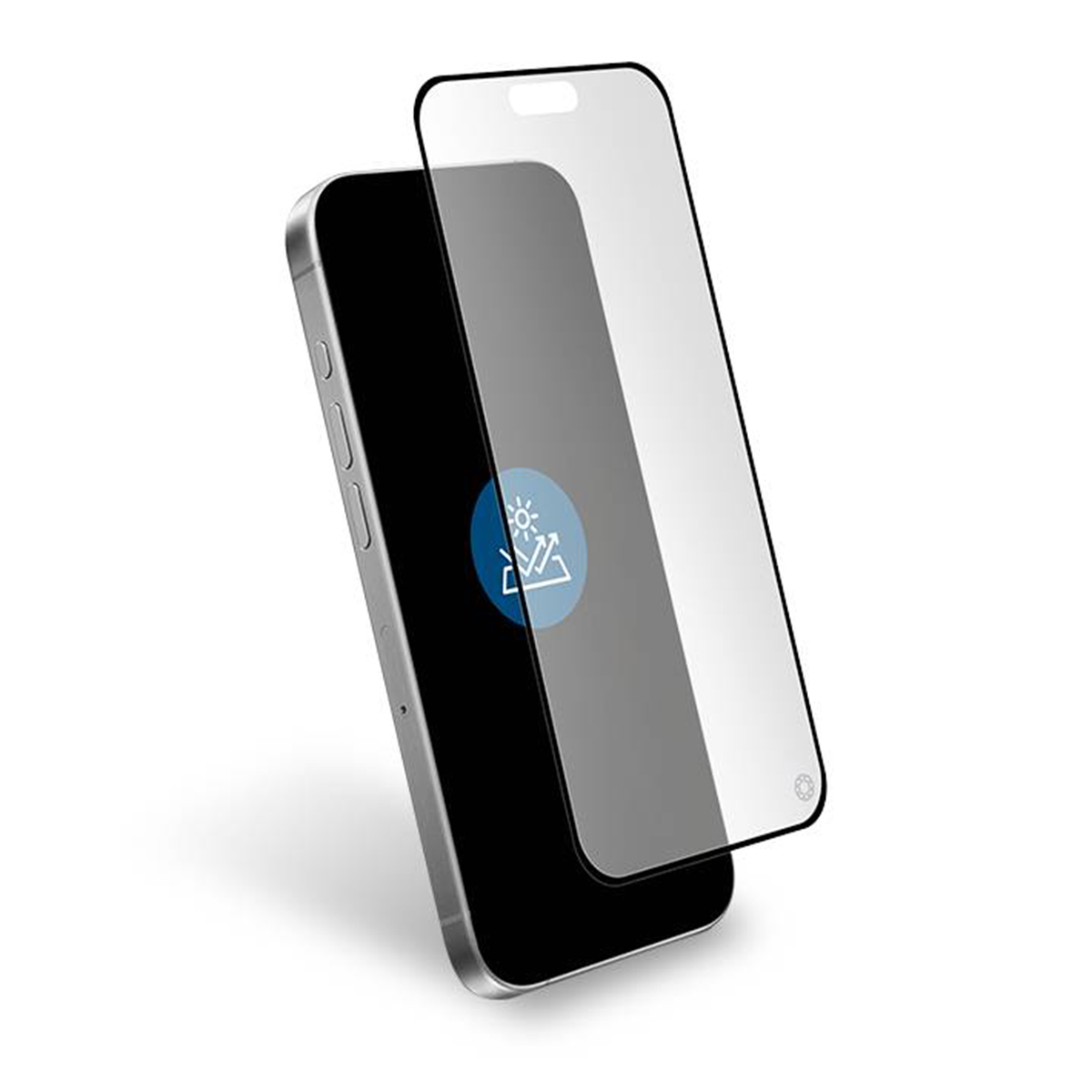 Un téléphone avec un protecteur d'écran. Le téléphone est argenté et noir. Le protecteur d'écran est transparent et légèrement incliné.
