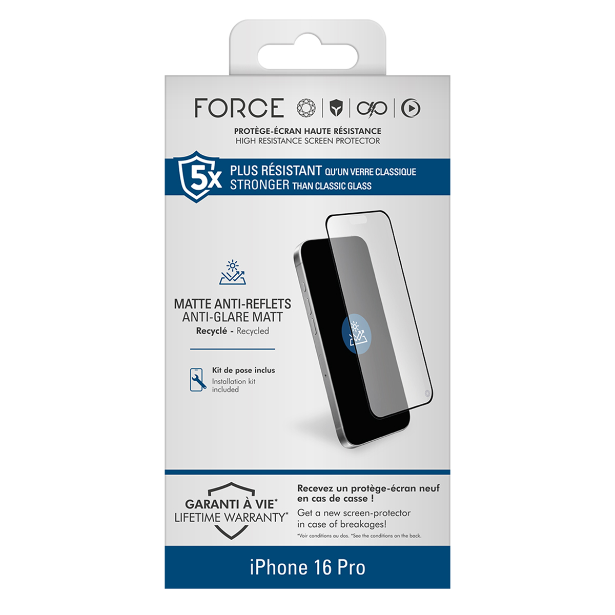 Une boîte de protection d'écran de téléphone avec un téléphone et un protecteur d'écran. Le texte comprend 'FORCE', 'iPhone 16 Pro' et 'Garantie à vie'.