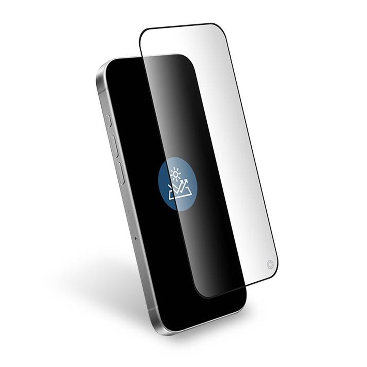 Un smartphone argenté avec un protecteur d'écran. L'écran affiche une icône bleue. Le protecteur est légèrement décalé du téléphone.