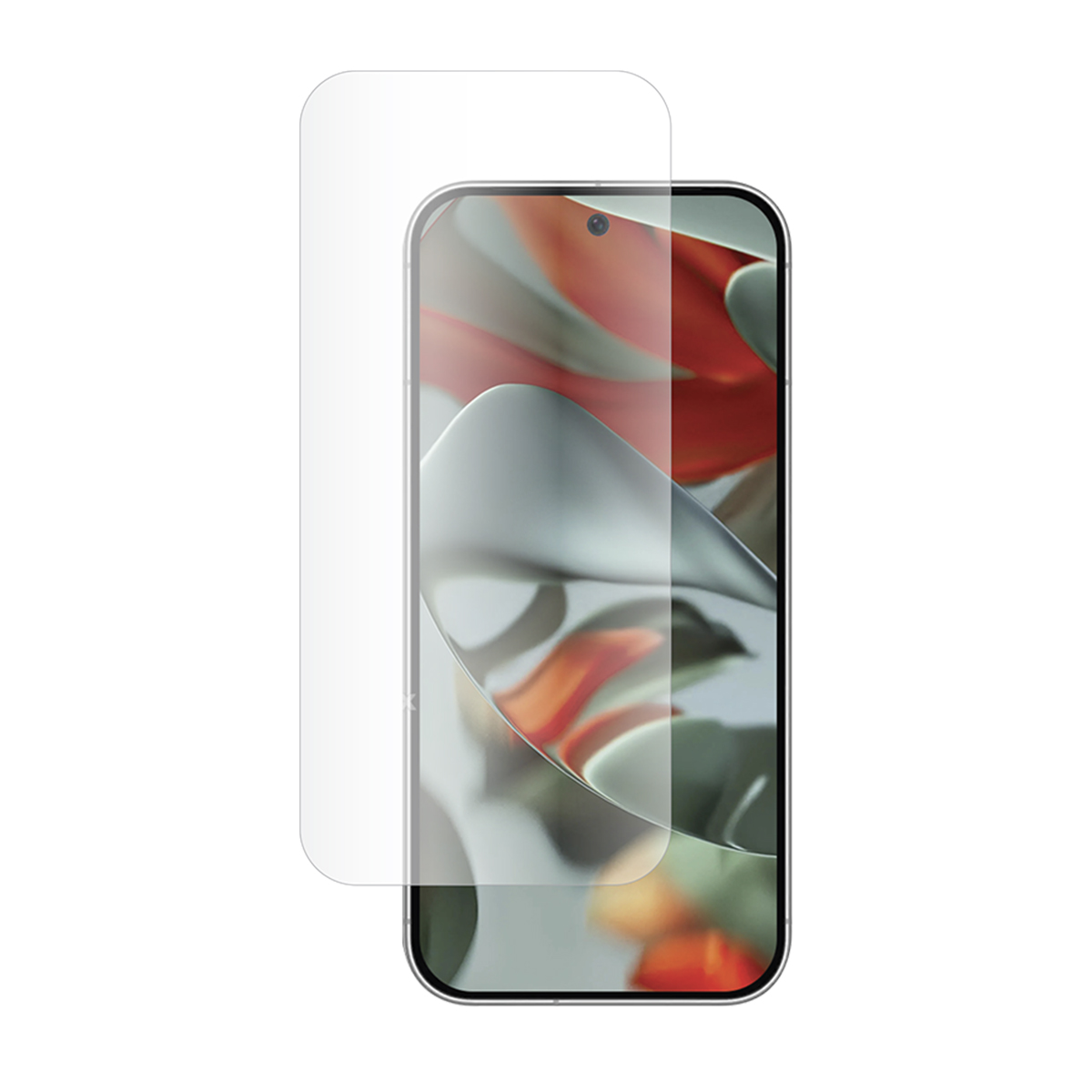 Een smartphone met een schermbeschermer. De telefoon heeft een zwart frame en een scherm met een rood en grijs ontwerp.