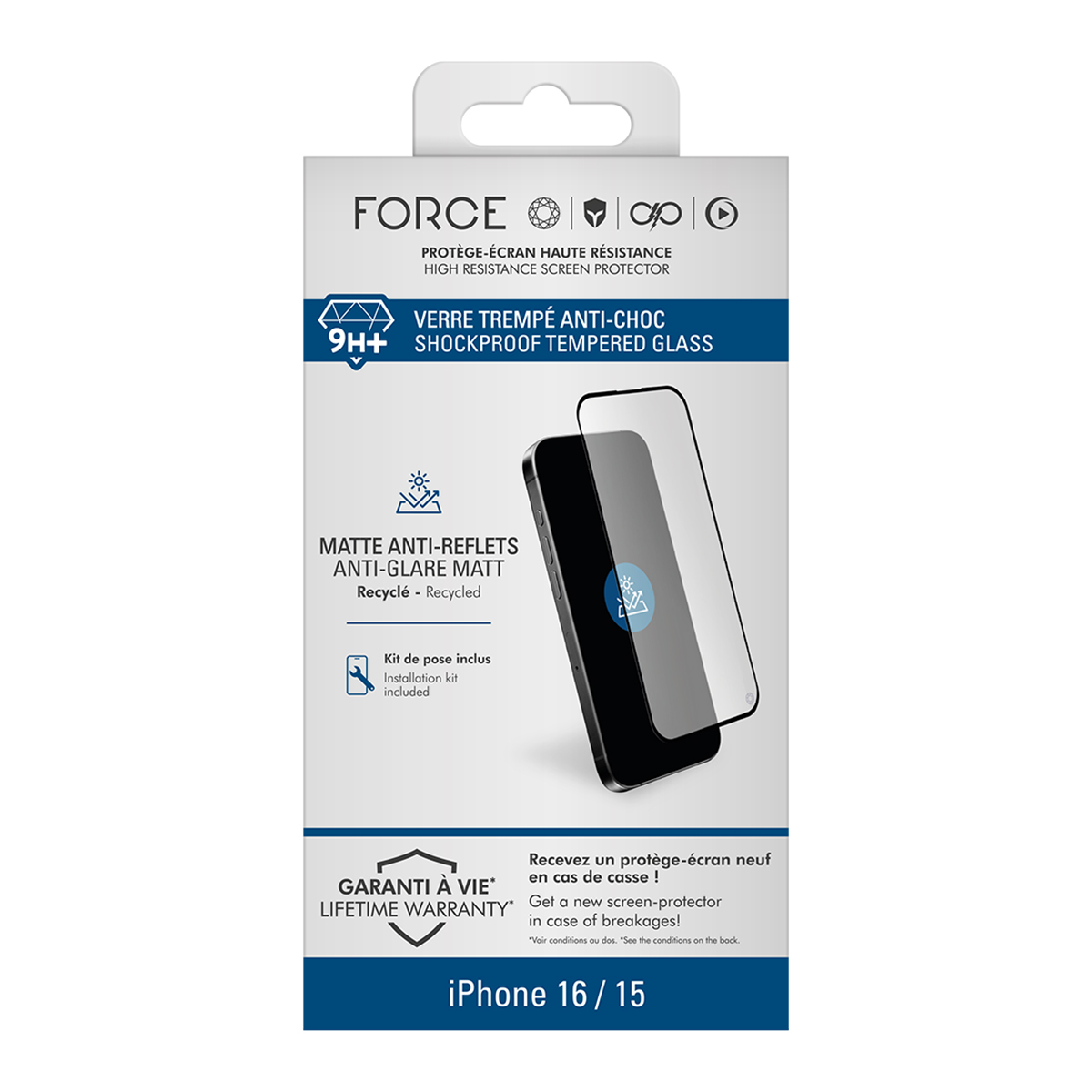 Un emballage de protection d'écran pour iPhone 16/15. Il affiche le protecteur sur un téléphone sur fond blanc.