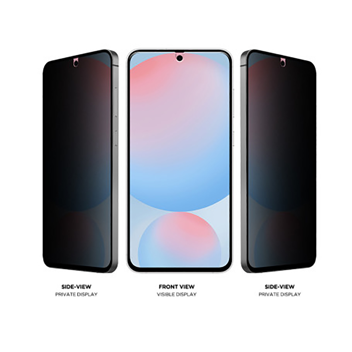 Trois smartphones : deux vues latérales avec écrans noirs, une vue de face avec écran coloré. Étiquettes : vue latérale, vue de face.