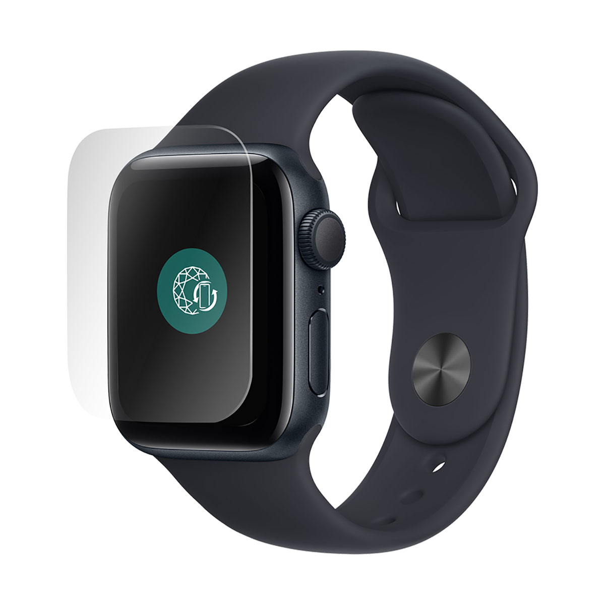 Apple Watch blu scuro con protezione schermo applicata. L'orologio mostra un'icona verde. Il cinturino è avvolto.