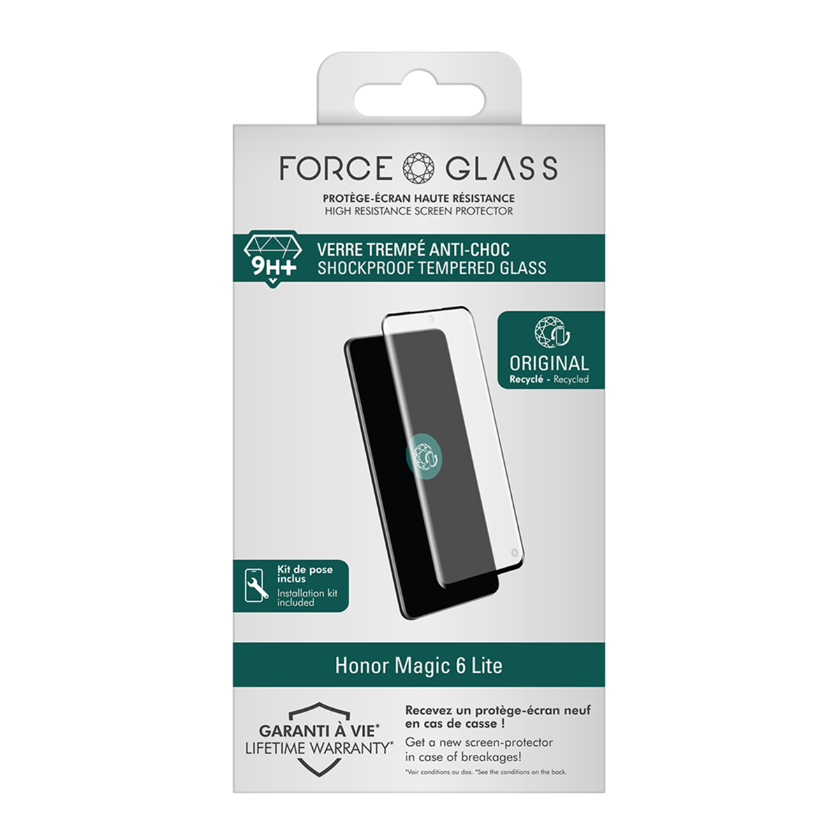 Verpakking voor Force Glass schermbeschermer. Toont schermbeschermer, merknaam en tekst over hoge weerstand en levenslange garantie.