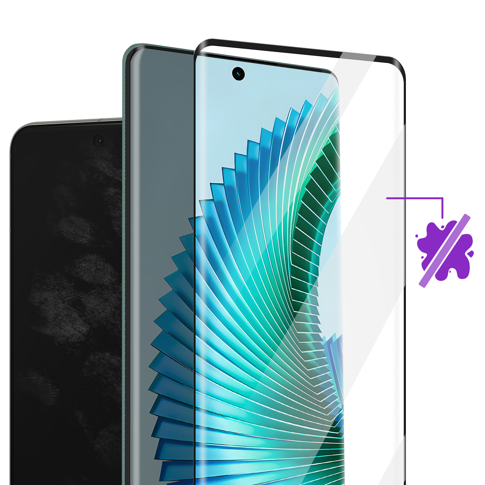 Drie smartphones met schermbeschermers. De middelste telefoon toont een blauw ventilatorontwerp. De beschermer heeft een paars vlek symbool.