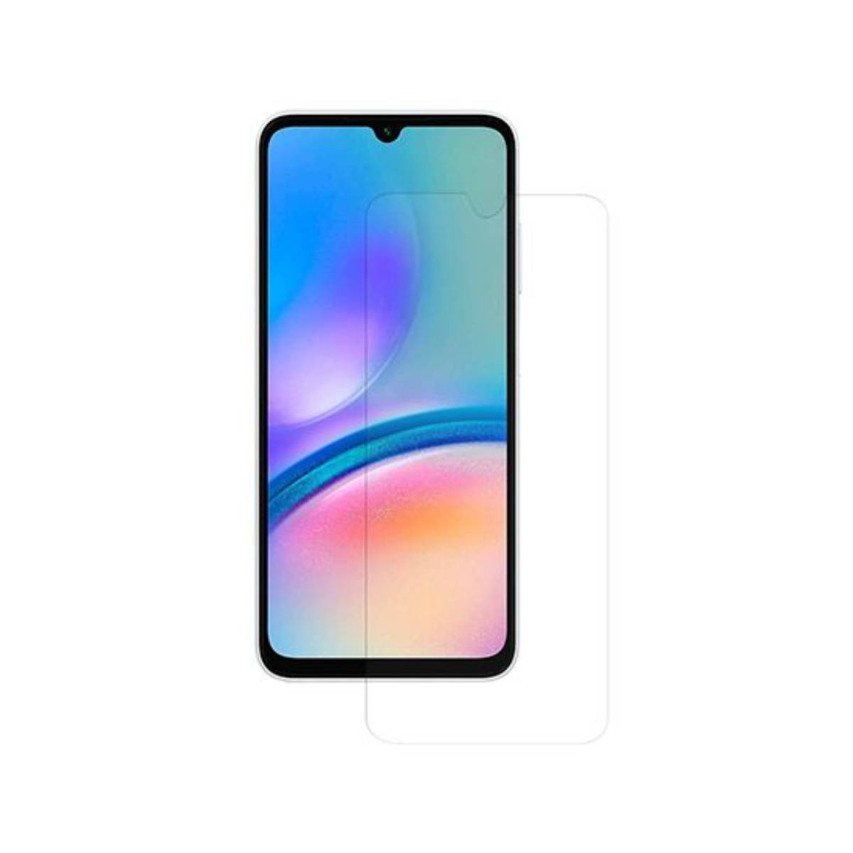 Een smartphone met een schermbeschermer. Het scherm toont een kleurrijk abstract patroon. De beschermer is gedeeltelijk van het scherm.