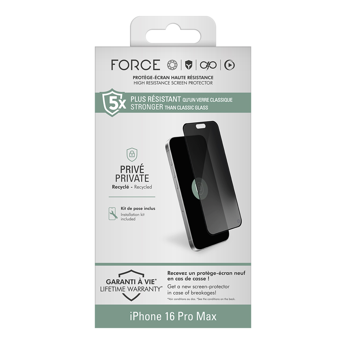 Verpakking voor iPhone 16 Pro Max schermbeschermer. Bevat tekst en afbeeldingen van een telefoon, met focus op bescherming en garantie.
