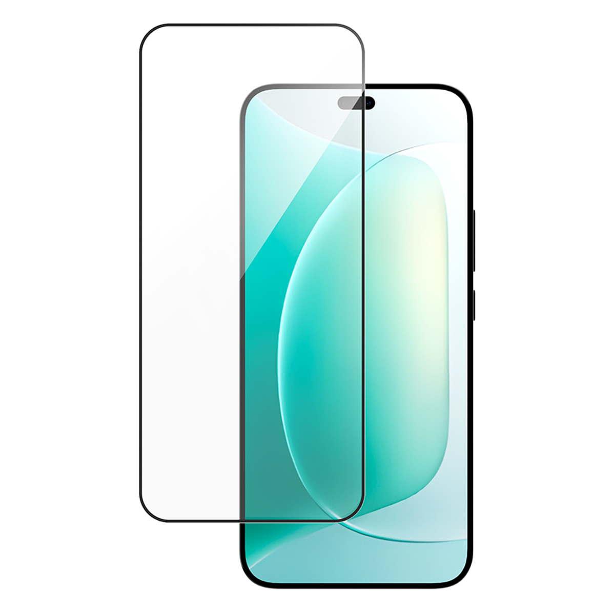Un smartphone avec protecteur d'écran. Le téléphone a un écran incurvé et un fond dégradé vert-bleu.
