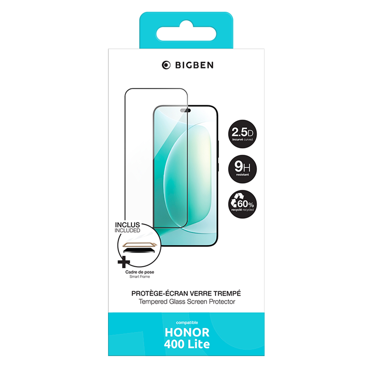 Une boîte de protection d'écran de téléphone. Elle montre un téléphone avec un protecteur d'écran, ainsi que des détails sur ses fonctionnalités.