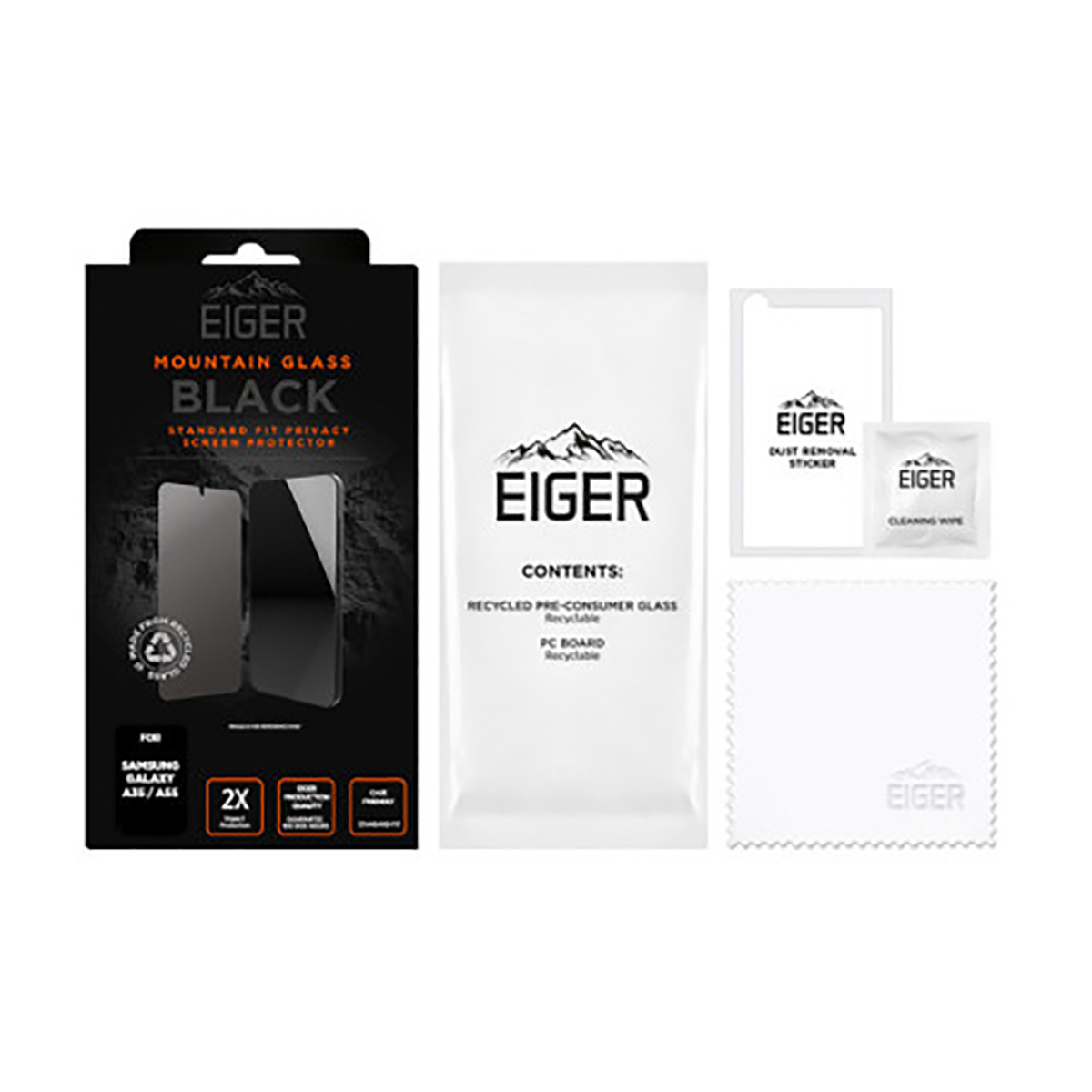 Una confezione di prodotto con protezioni per schermo, salviette per la pulizia e adesivi per la rimozione della polvere. La confezione è nera con testo bianco e il logo Eiger.