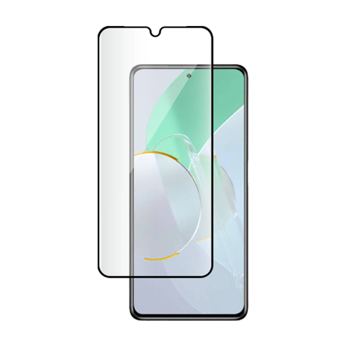 Smartphone avec protecteur d'écran. Le téléphone a un cadre noir. Le protecteur est transparent avec un haut incurvé.