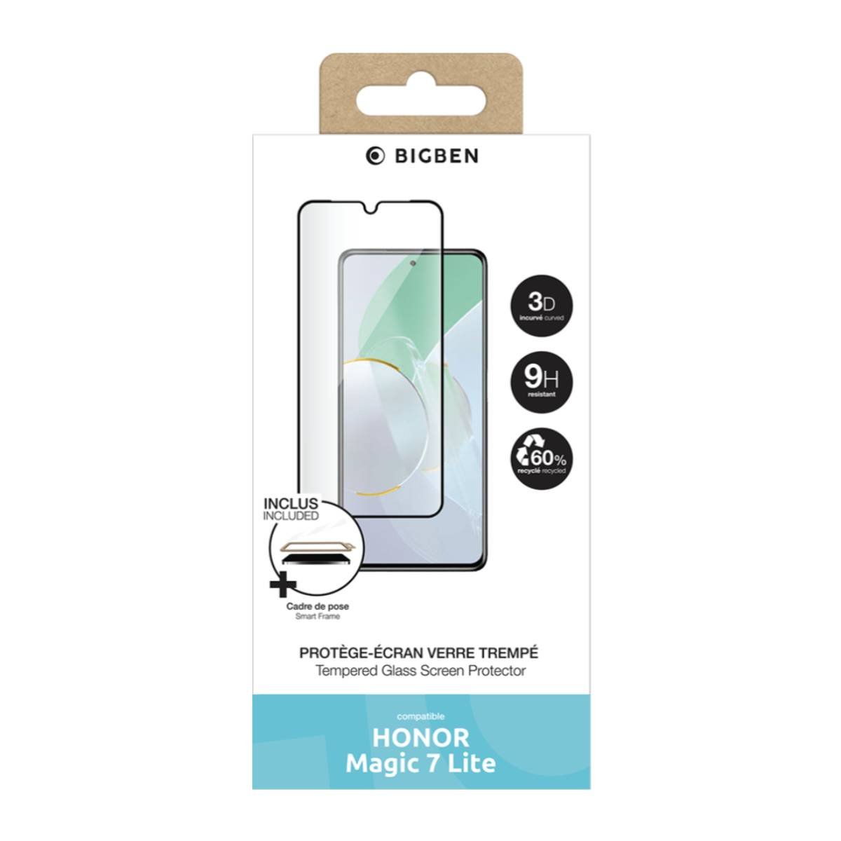 Une boîte de protection d'écran BIGBEN. Elle protège un téléphone HONOR Magic 7 Lite. Caractéristiques : incurvé 3D, résistant 9H et 60 % recyclé.
