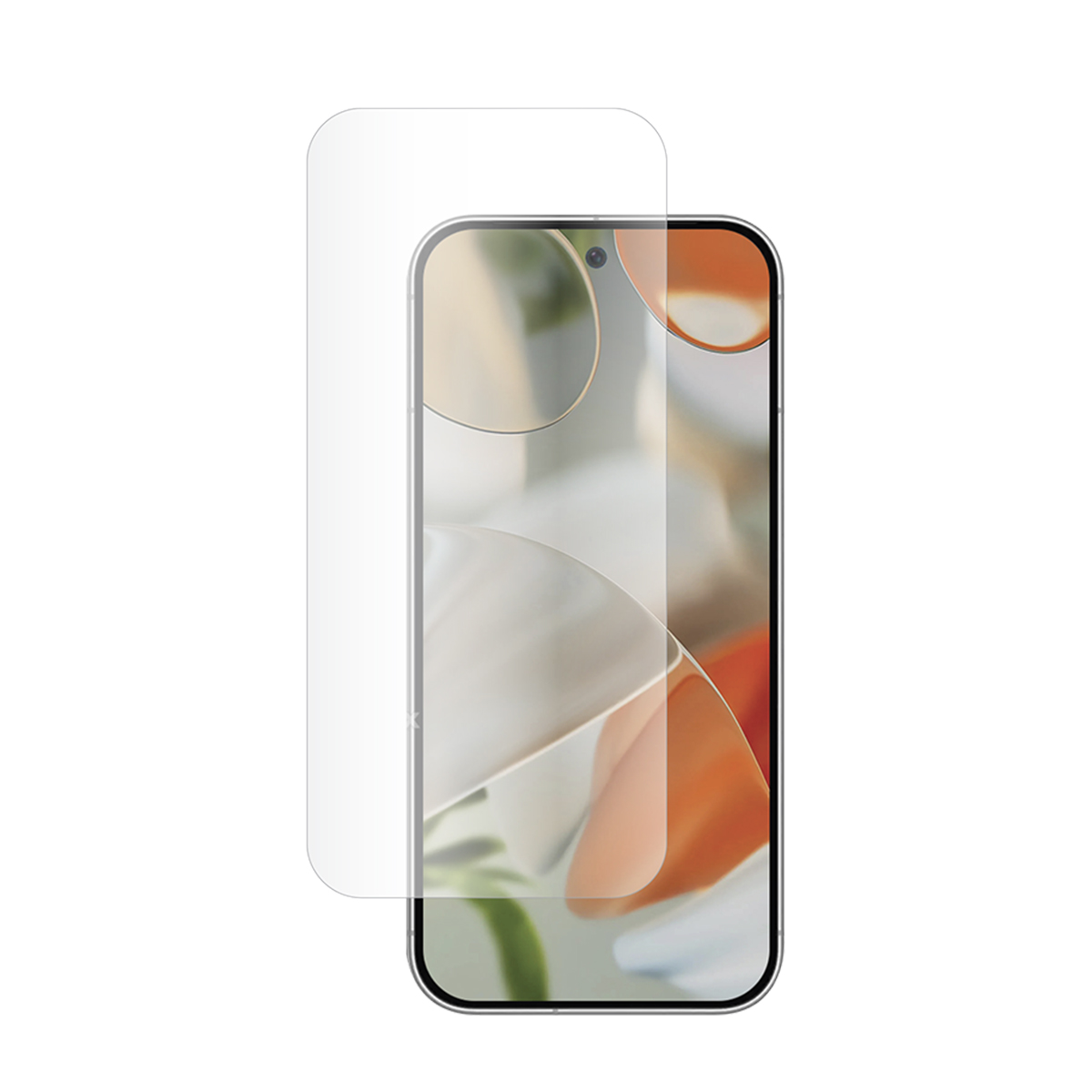 Een smartphone met een schermbeschermer. De telefoon is zwart met een zilveren rand. De beschermer is helder en licht gebogen.