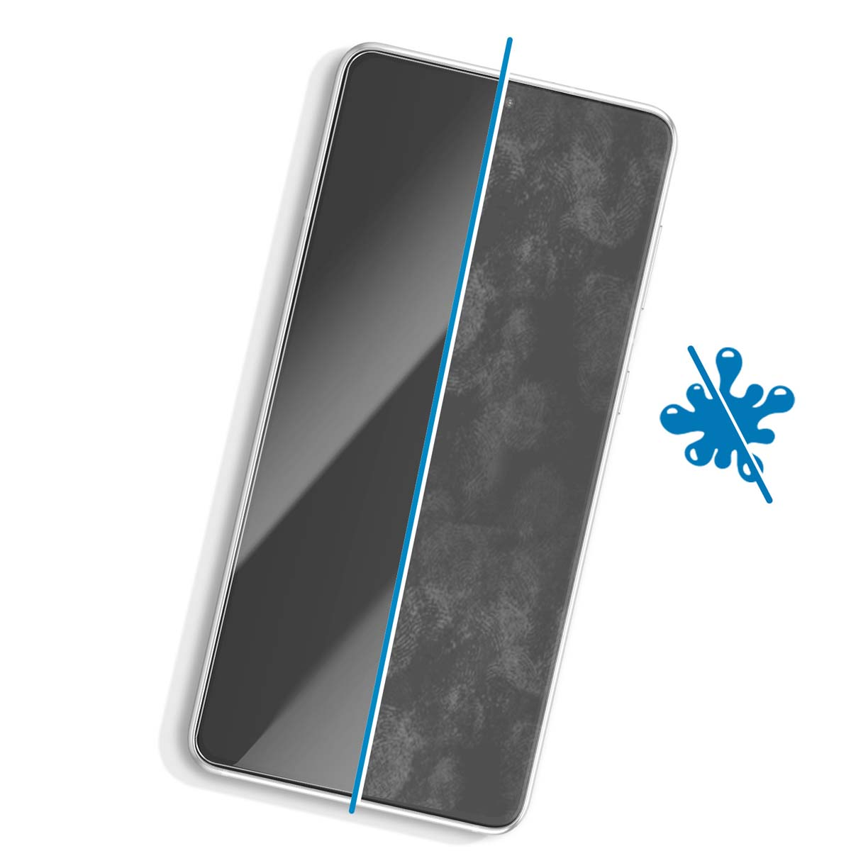 Uno schermo di smartphone, metà pulito e metà con impronte digitali. Una linea blu divide lo schermo. Viene mostrato uno schizzo blu barrato.