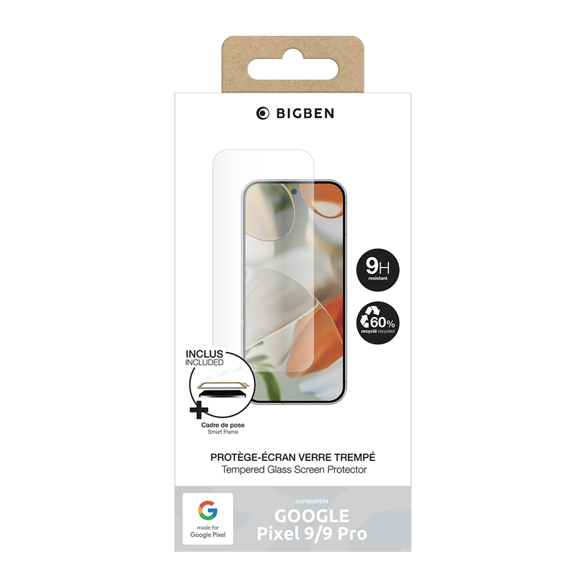 Een telefoon screenprotector doos van Bigben. Het toont het telefoonscherm en details zoals 9H weerstand en 60% gerecycled.