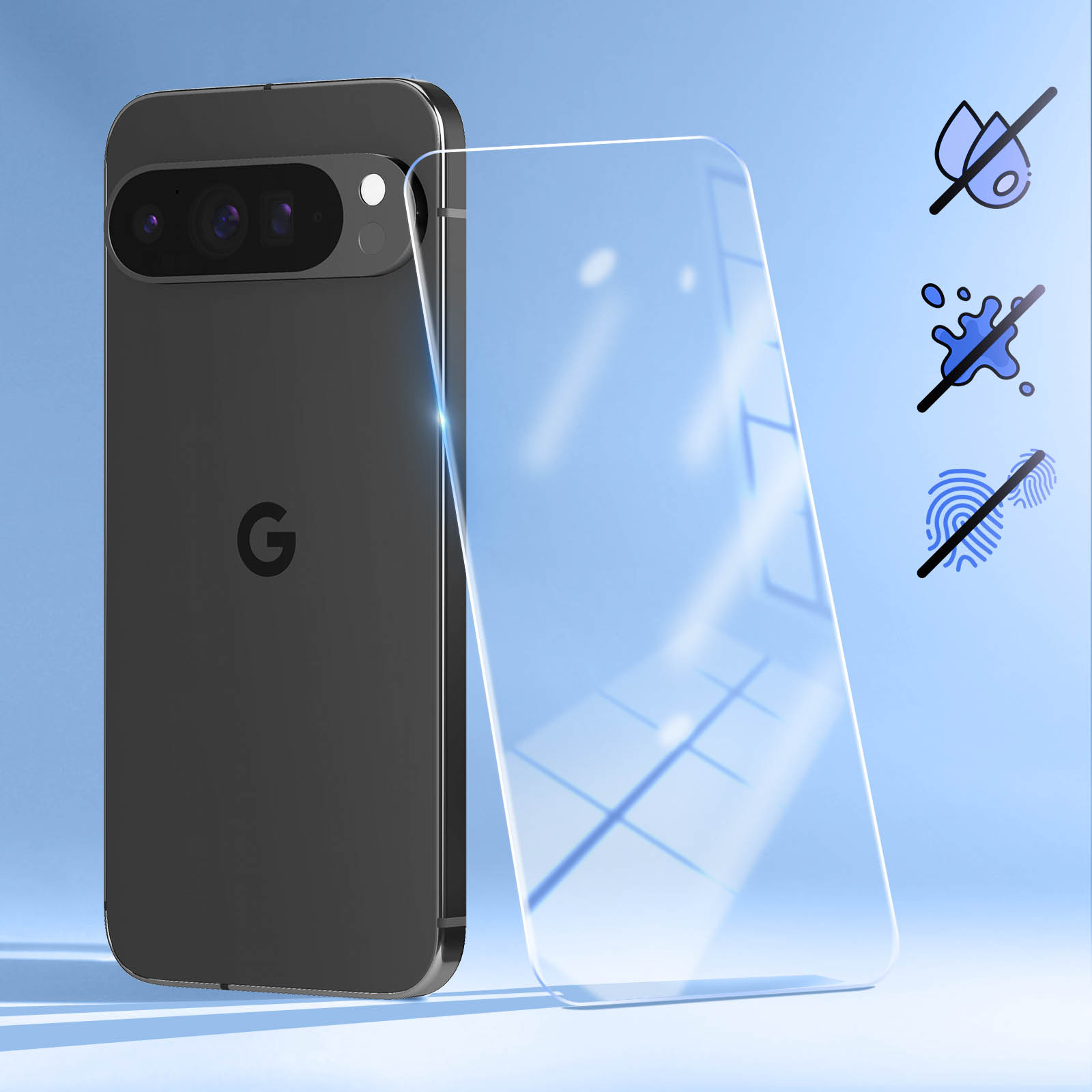 Een zwarte Google-telefoon met een schermbeschermer. Pictogrammen geven aan dat water, spatten en vingerafdrukken niet zijn toegestaan. Blauwe achtergrond.
