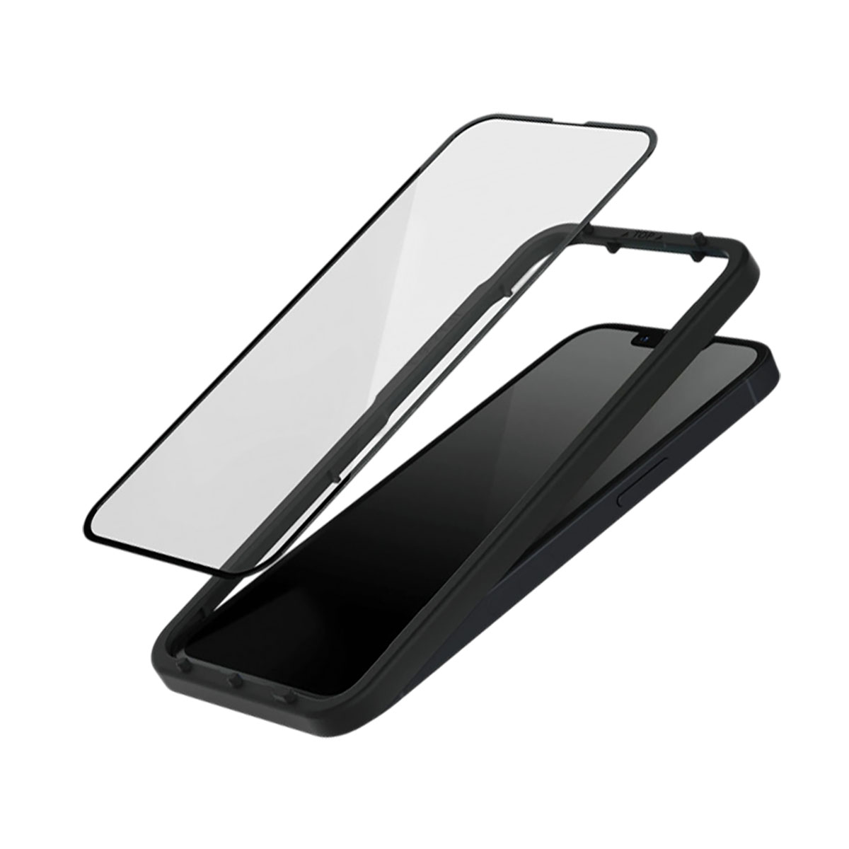 Une coque de téléphone noire avec un protecteur d'écran. Le téléphone est noir. Le protecteur est transparent et légèrement incliné.