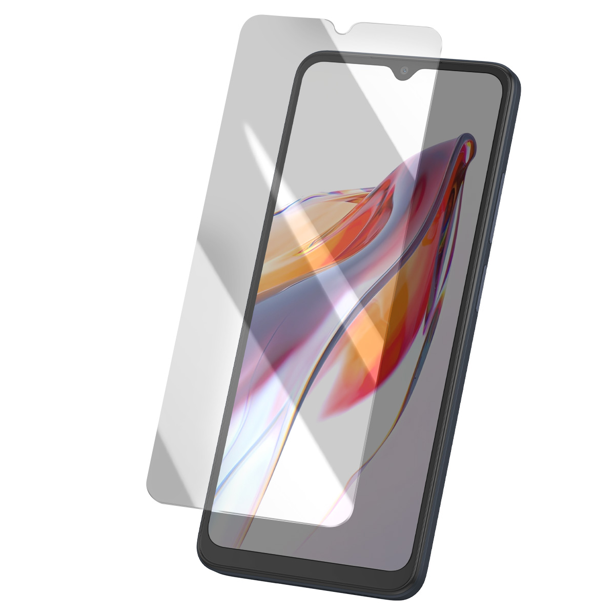 Un smartphone avec un protecteur d'écran est montré. Le téléphone est bleu foncé avec un écran affichant de l'art abstrait coloré. Le protecteur est transparent.