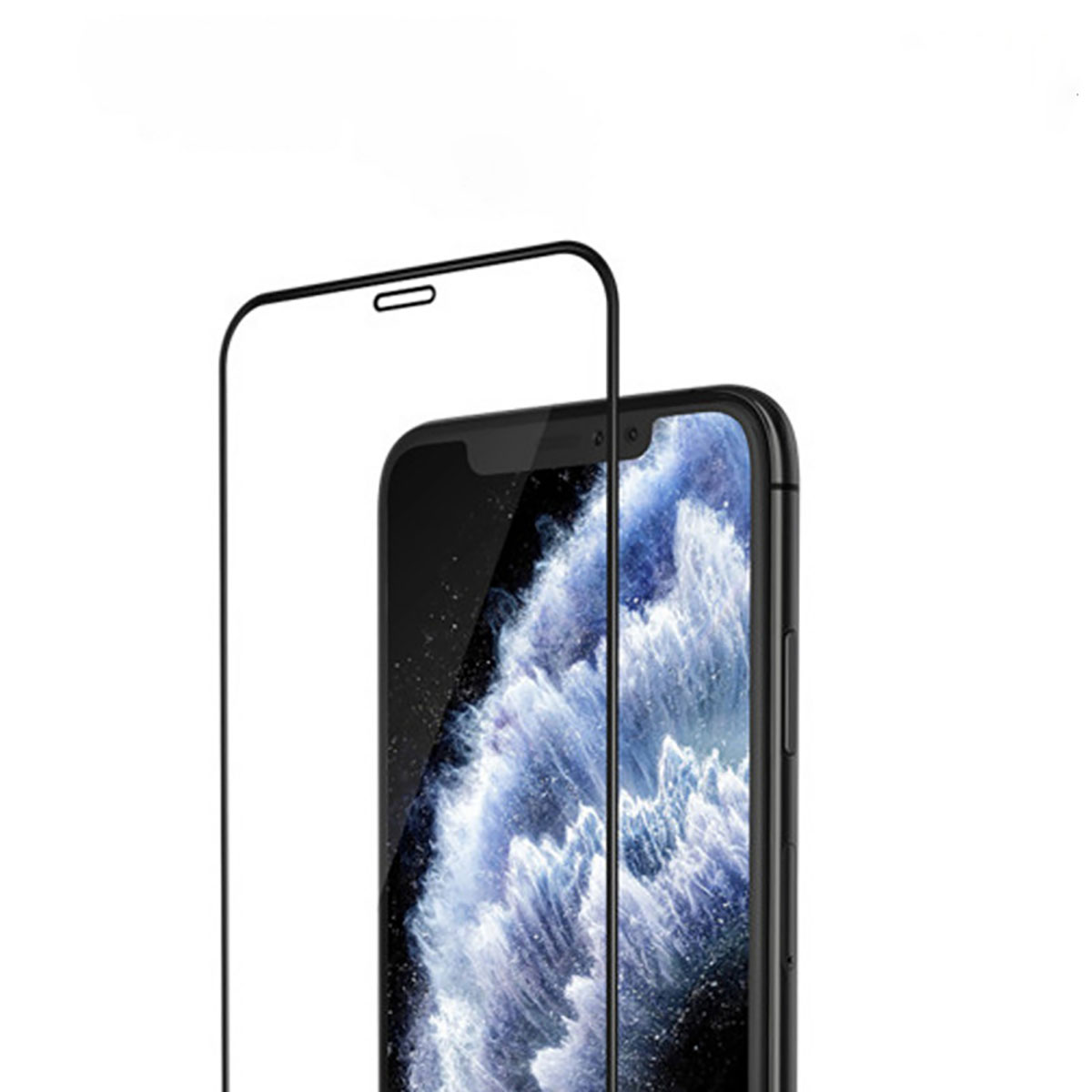 Un smartphone avec un protecteur d'écran. Le téléphone est noir, le protecteur transparent avec un bord noir. Le fond est blanc.