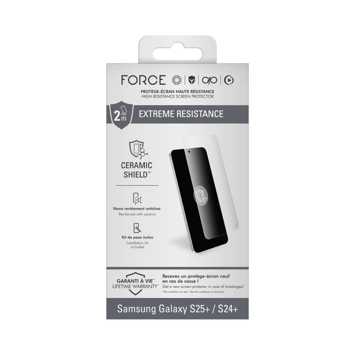 Scatola per protezione schermo con grafica telefono. Testo include 'FORCE', 'CERAMIC SHIELD' e 'Lifetime Warranty'. Per Samsung Galaxy S25+/S24+.