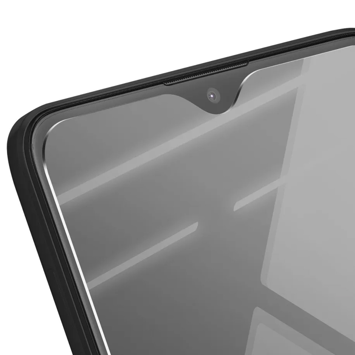 Gros plan sur l'écran d'un smartphone. Un cadre noir entoure l'écran. L'objectif de la caméra est visible en haut.